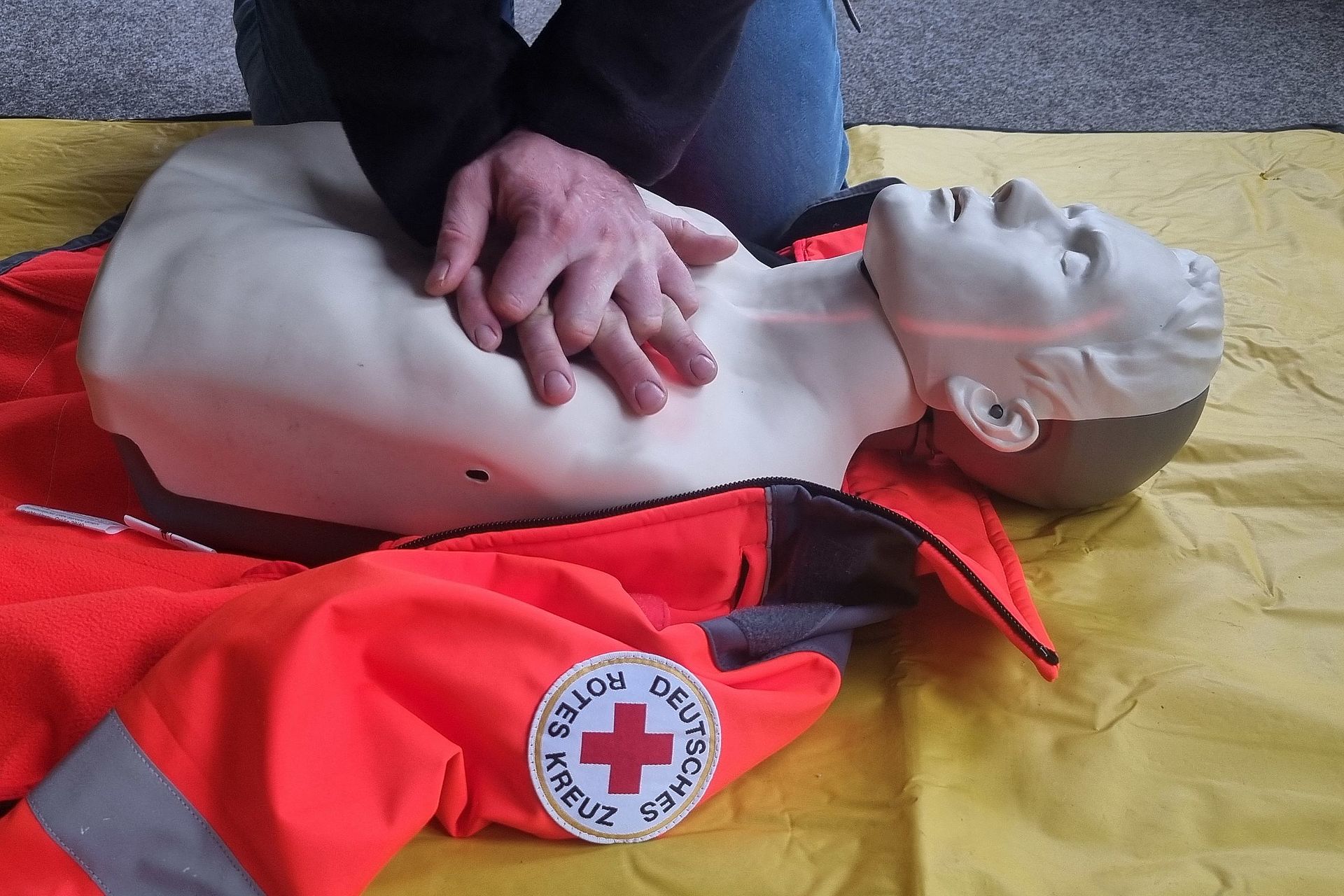 Herzmassage an einer Reanimationspuppe, in einem Erste-Hilfe-Kurs.