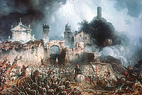 Schlacht von Solferino (Gemälde von Carlo Bossoli). Menschen in Soldatenuniformen gehen auf Pferden und zu Fuß auf eine Ruine zu.