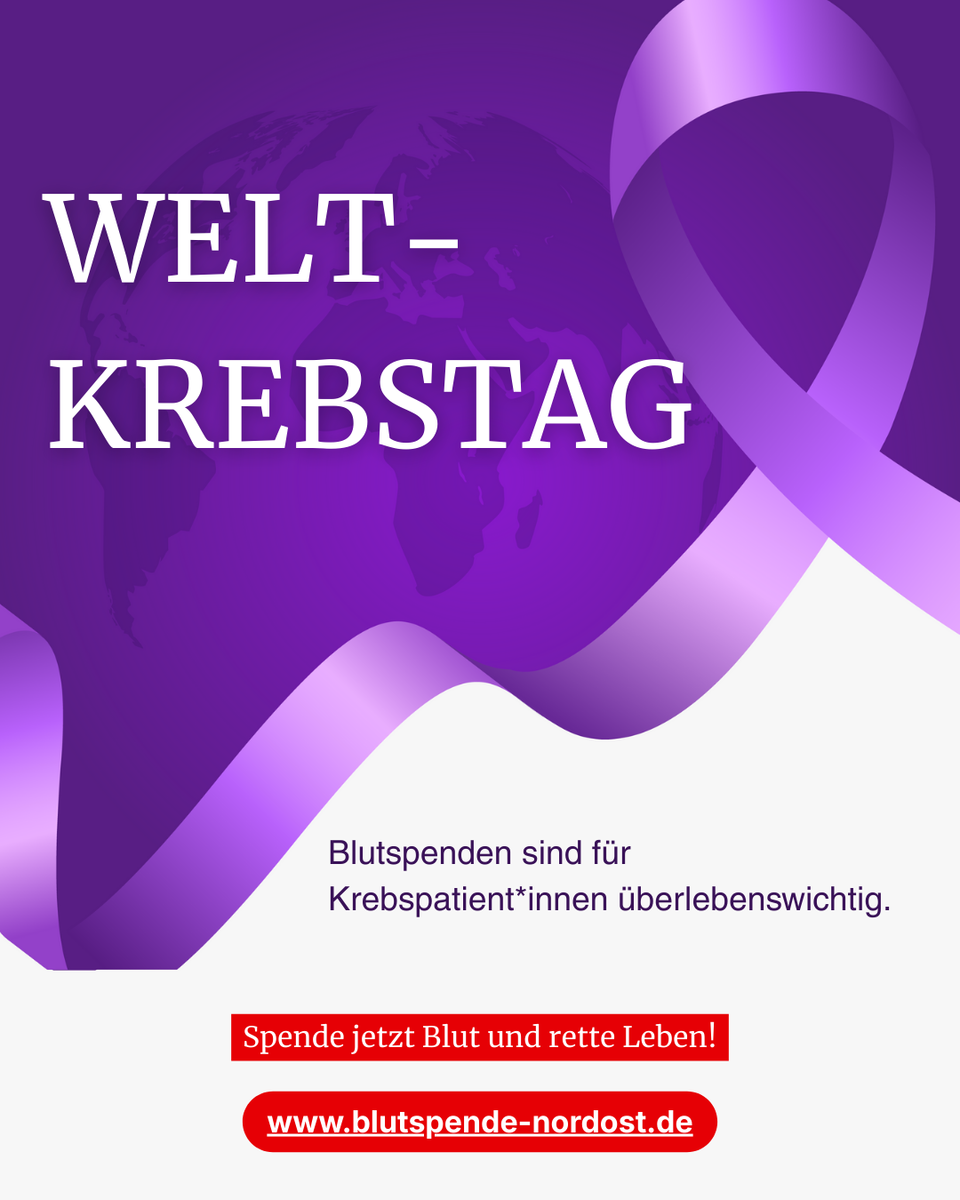 Violette Schleife auf weißem Hintergrund "Weltkrebstag. Blutspenden sind für Krebspatient*innen überlebenswichtig. Spende jetzt Blut und rette Leben!".