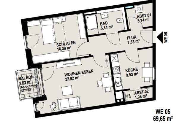 Grundriss einer freien seniorengerechten Wohnung in Henstedt Ulzburg.