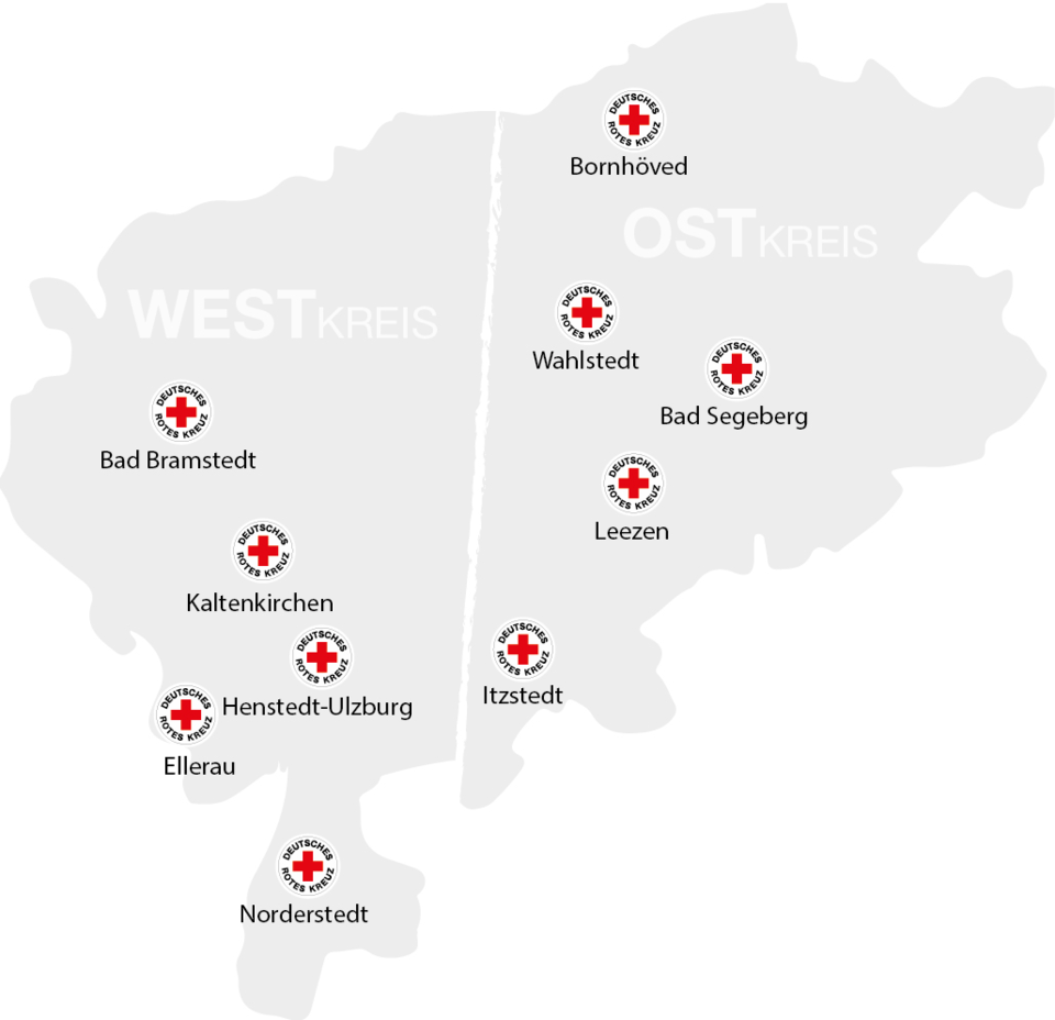 Karte vom Kreis Segberg. Hier sind mithilfe er DRK-Logos die zehn Standorte der Ambulanten Pflege markiert.