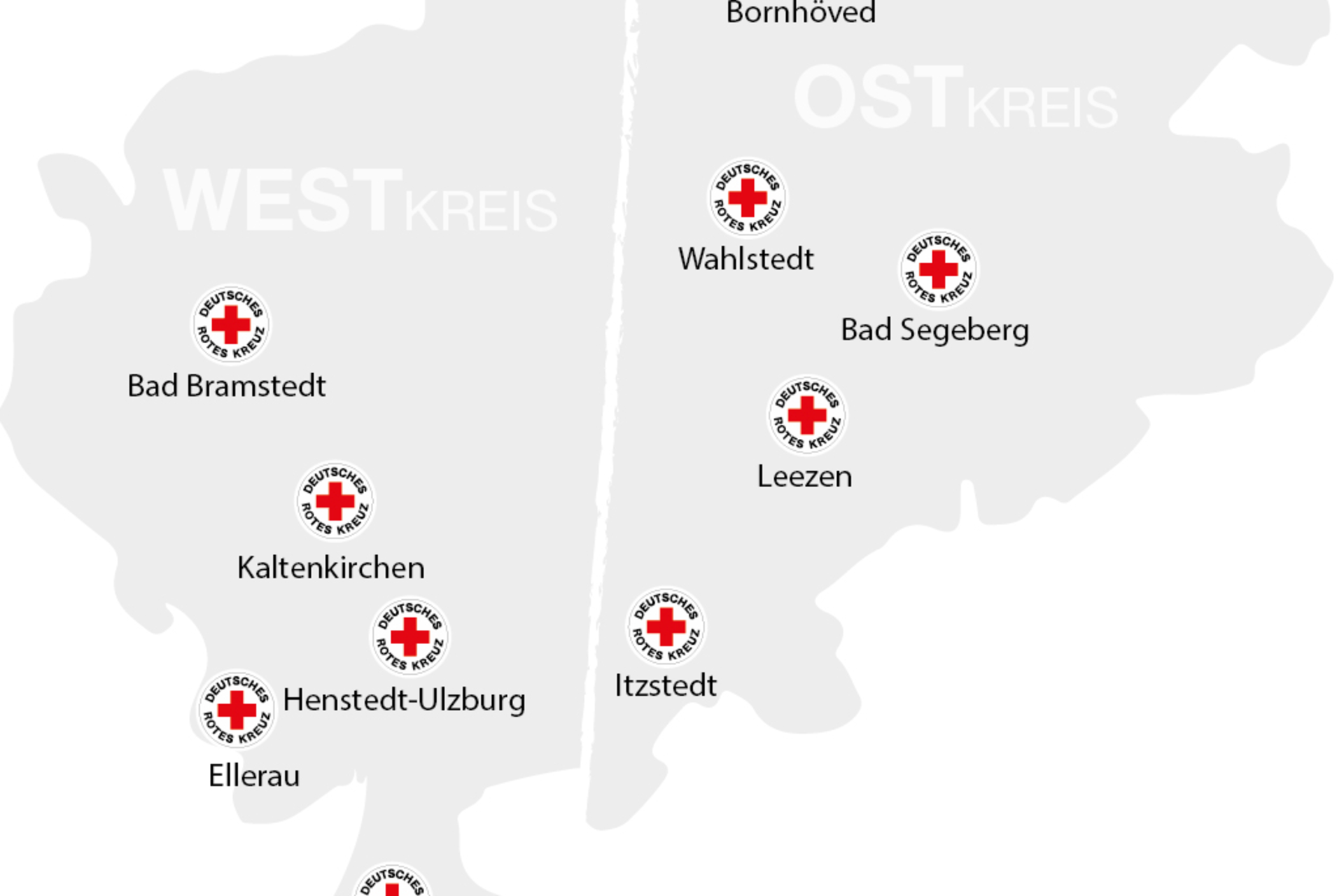 Karte vom Kreis Segeberg, auf der die zehn Standorte der Ambulanten Pflege mit dem DRK-Logo vermerkt sind.