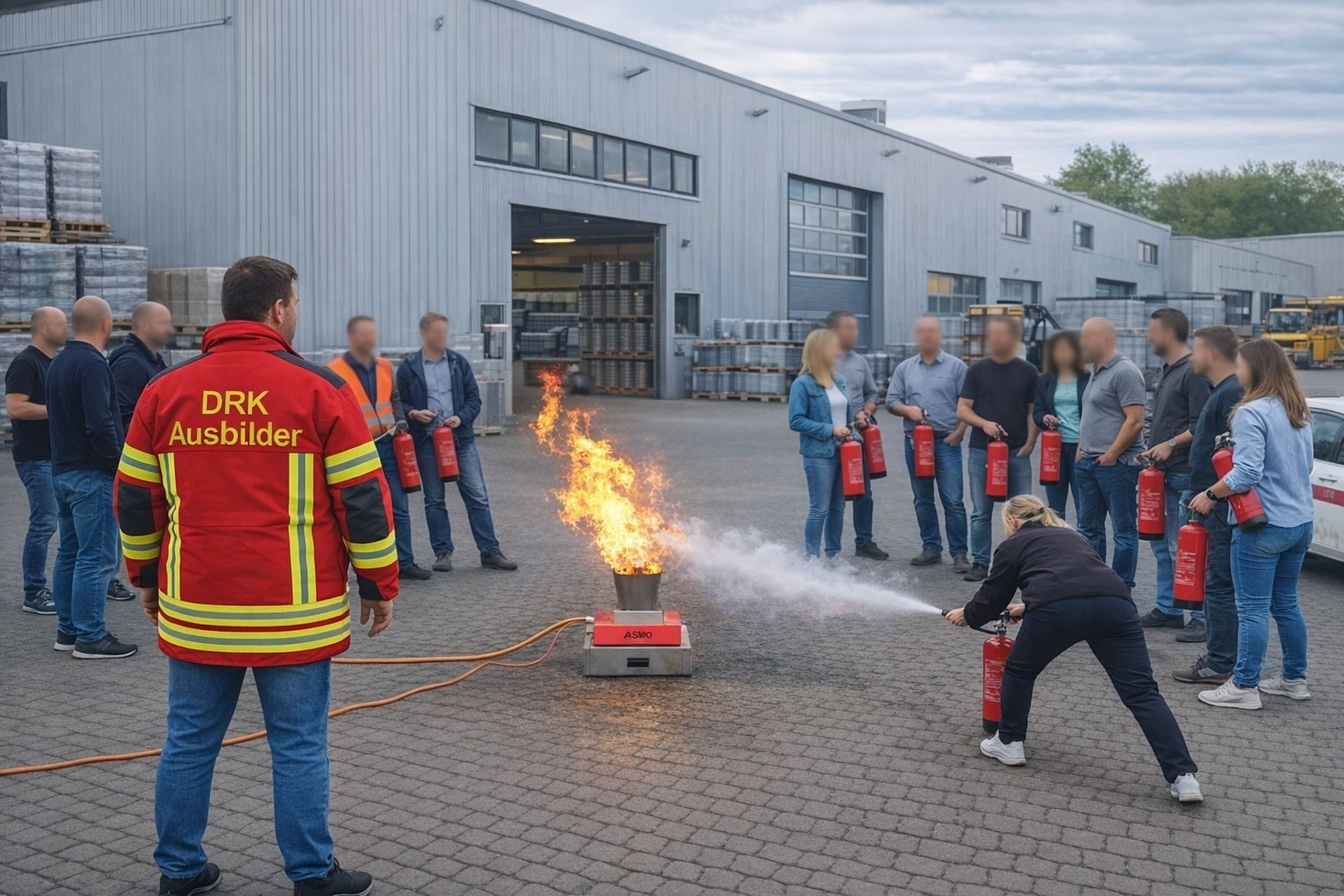 Mehrere Personen stehen um ein Feuer und eine Person löscht dieses mit einem Feuerlöscher.